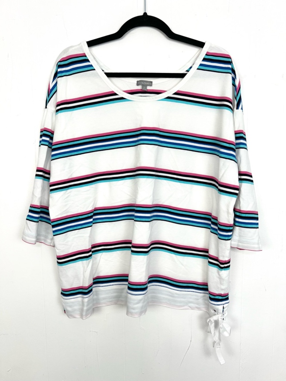 T by Talbots Knit Top Striped White Blue Pink half Sleeve‎ Tie Side 2X
